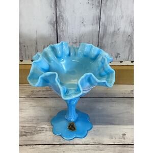Vintage Fenton Blue White Slag Glass Compote Cabbage Rose Hobnail Ruffled